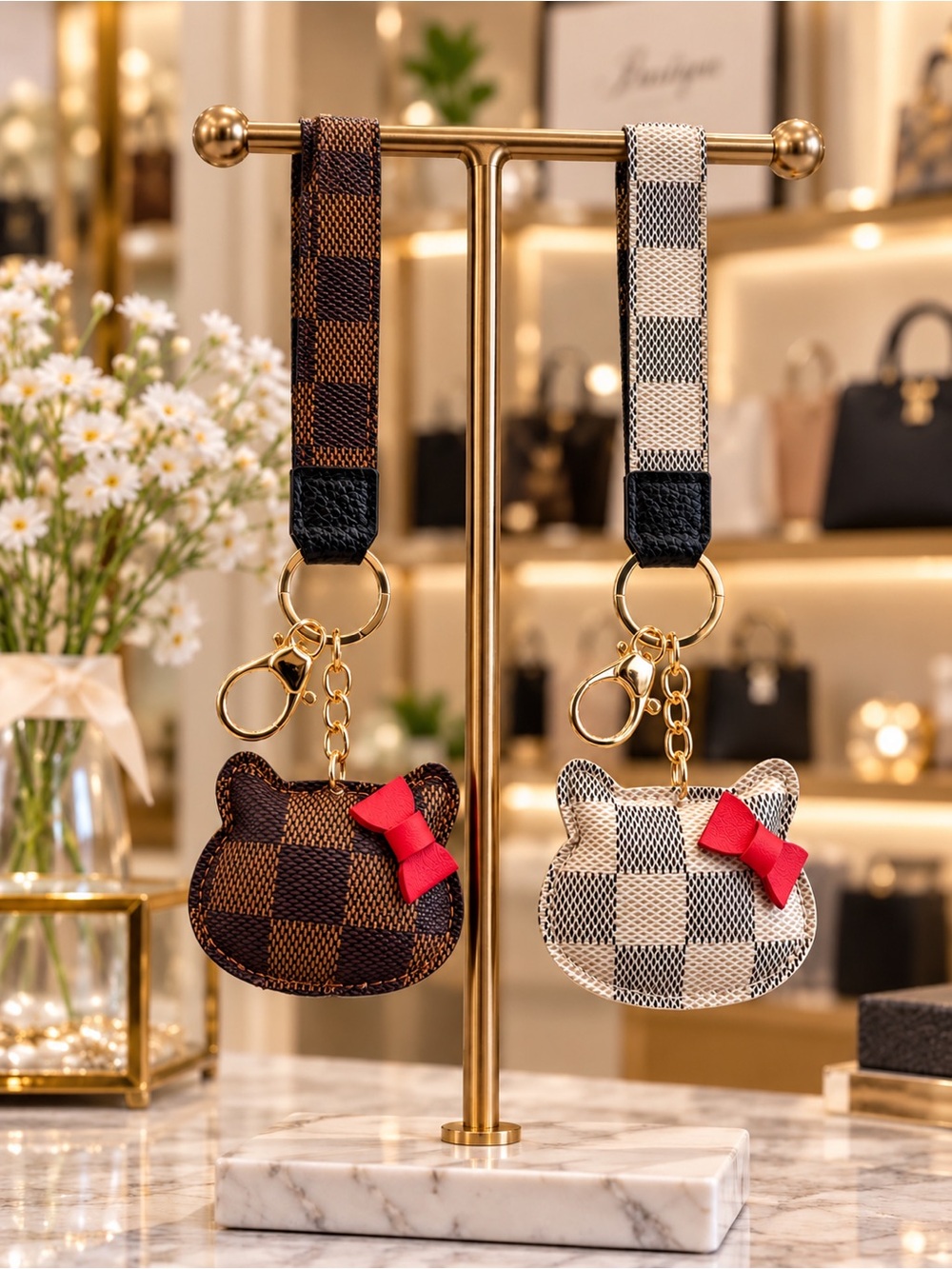 Cat Checkered Keychain Wristlet Bundle of 2 Brown & Cream Purse Charm